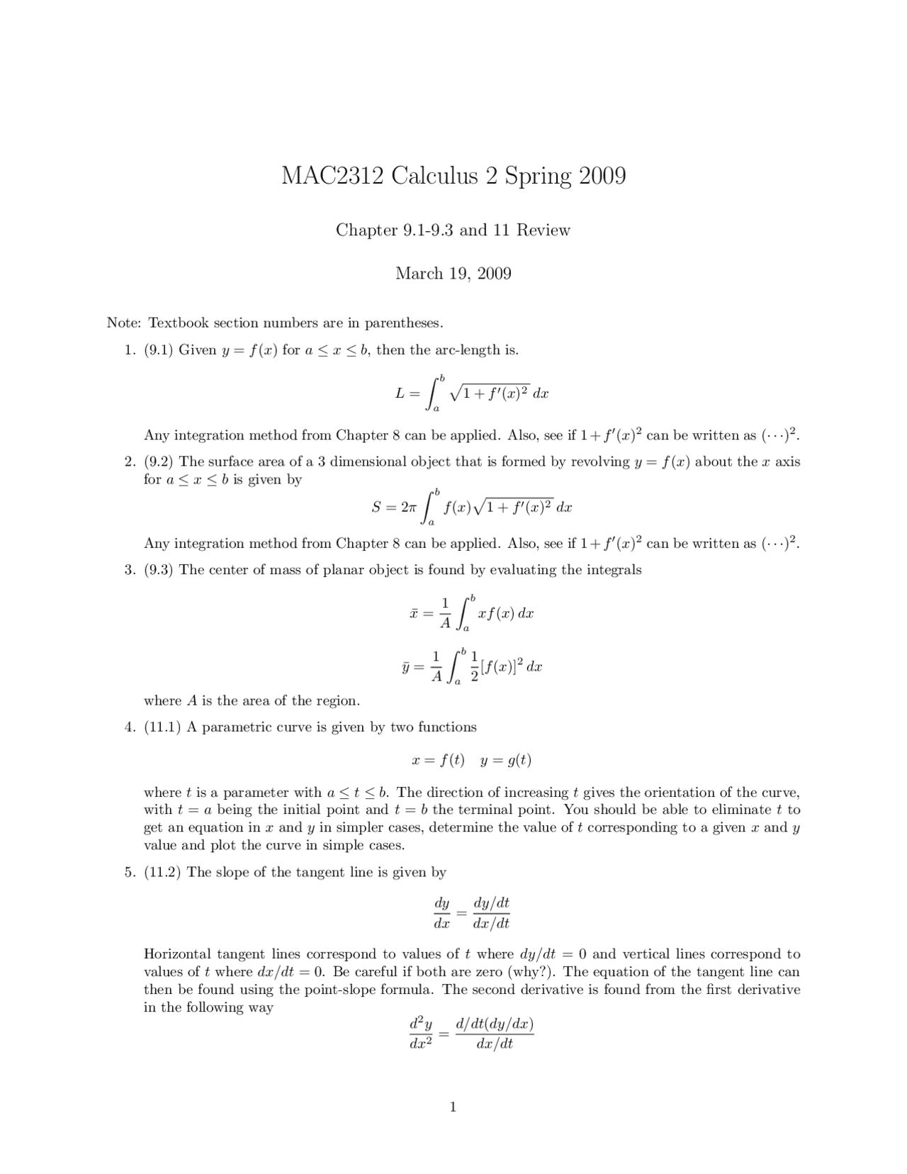 Questions for Exam Practice - Calculus with Analytic Geometry II | MAC ...