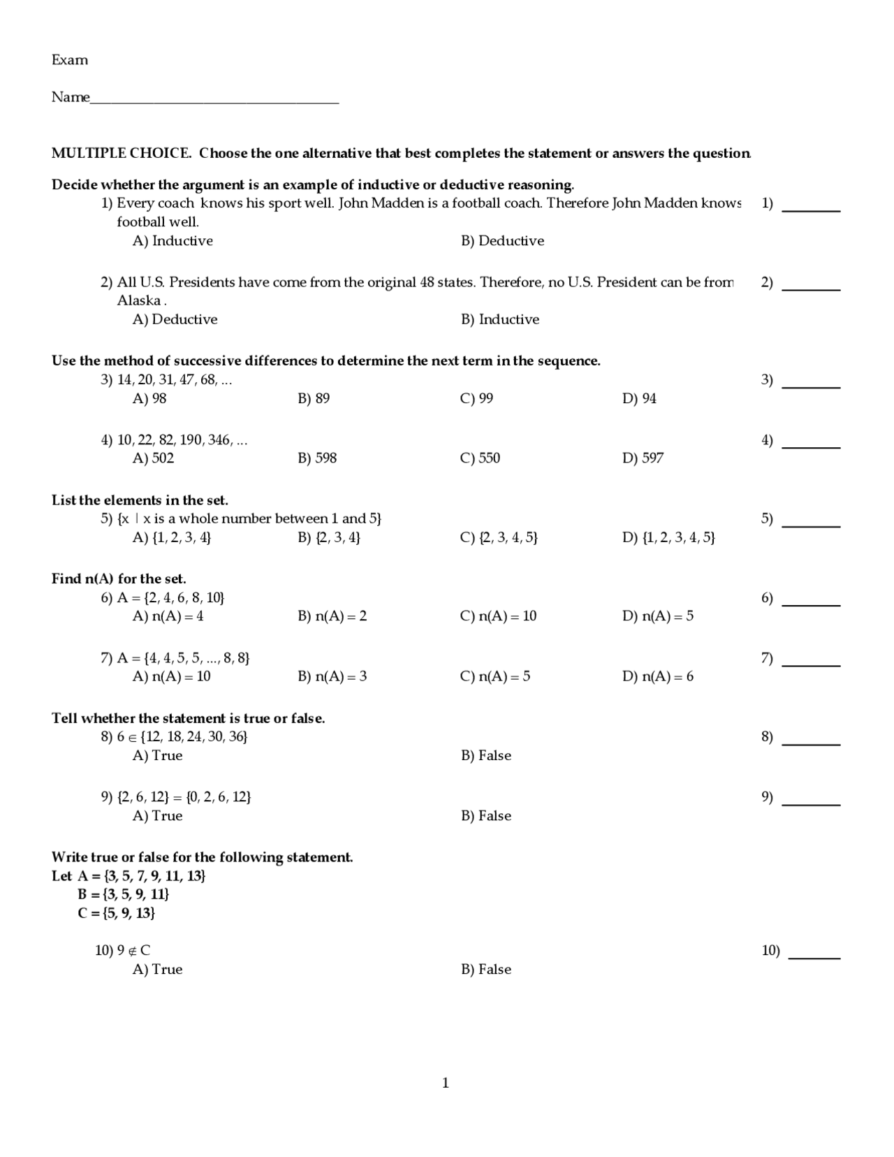 Final Review - Mathematics for General Studies | MATH 1010 - Docsity