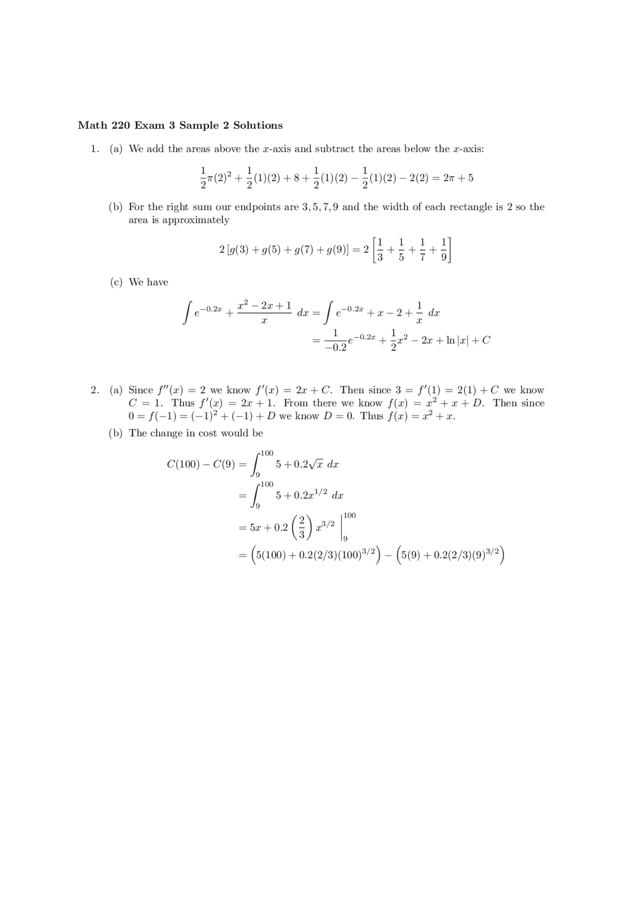 Exam 3 Sample 2 Solutions | Elementary Calculus I | MATH 220 - Docsity