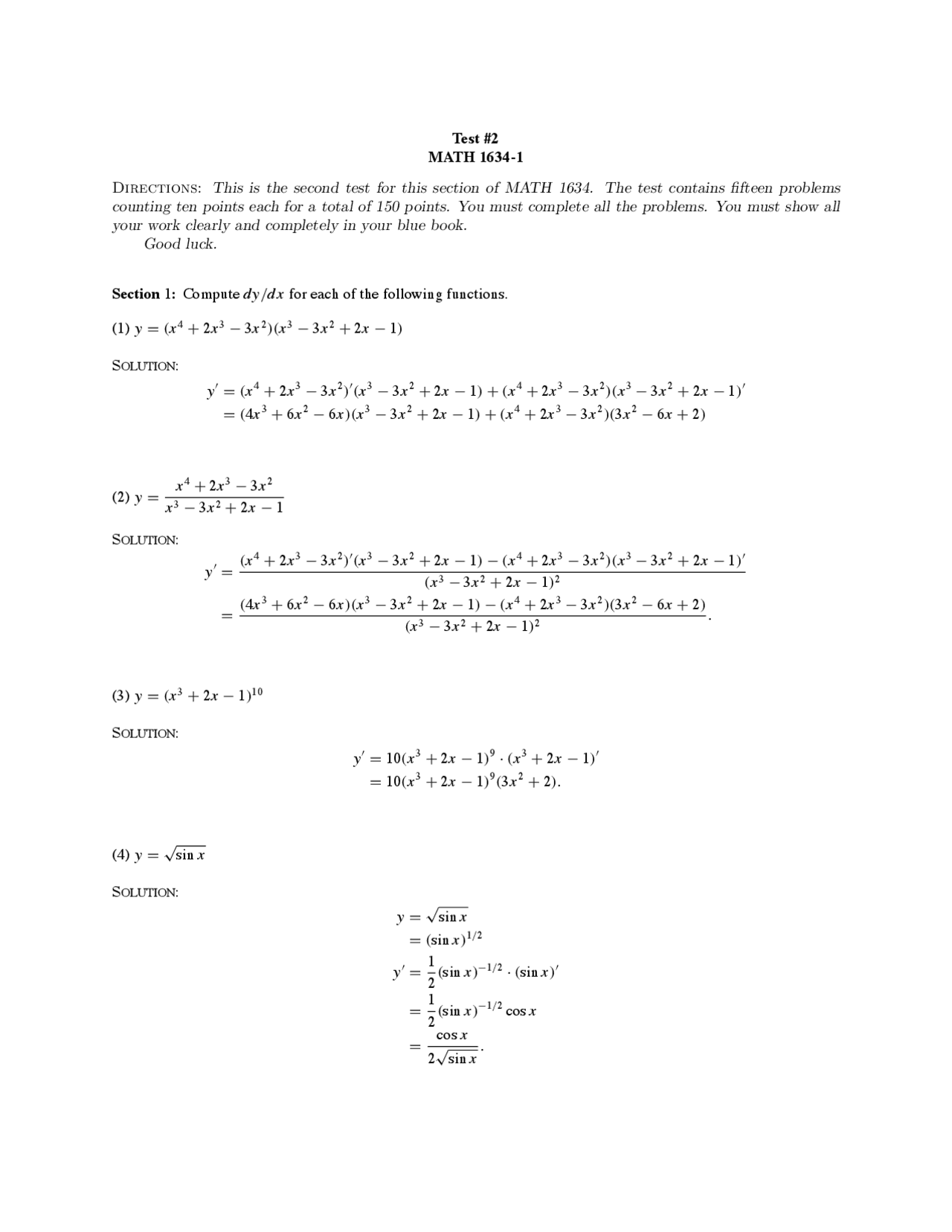 Past Test 2 with Solutions - Calculus I - Honors | MATH 1634 - Docsity