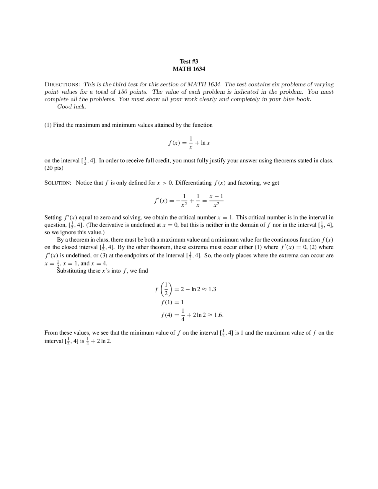 Calculus I Math Questions 6 Questions on Calculus I with Solution - Exam 3 | MATH 1634 - Docsity
