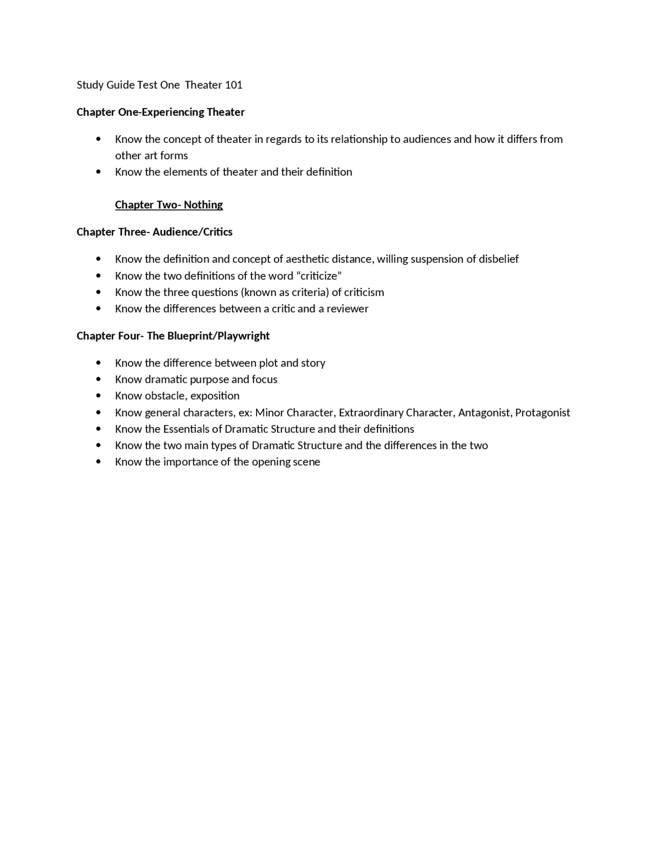 Study Guide Test One Fall 2010 - Introduction to the Theatre | THET 101 ...