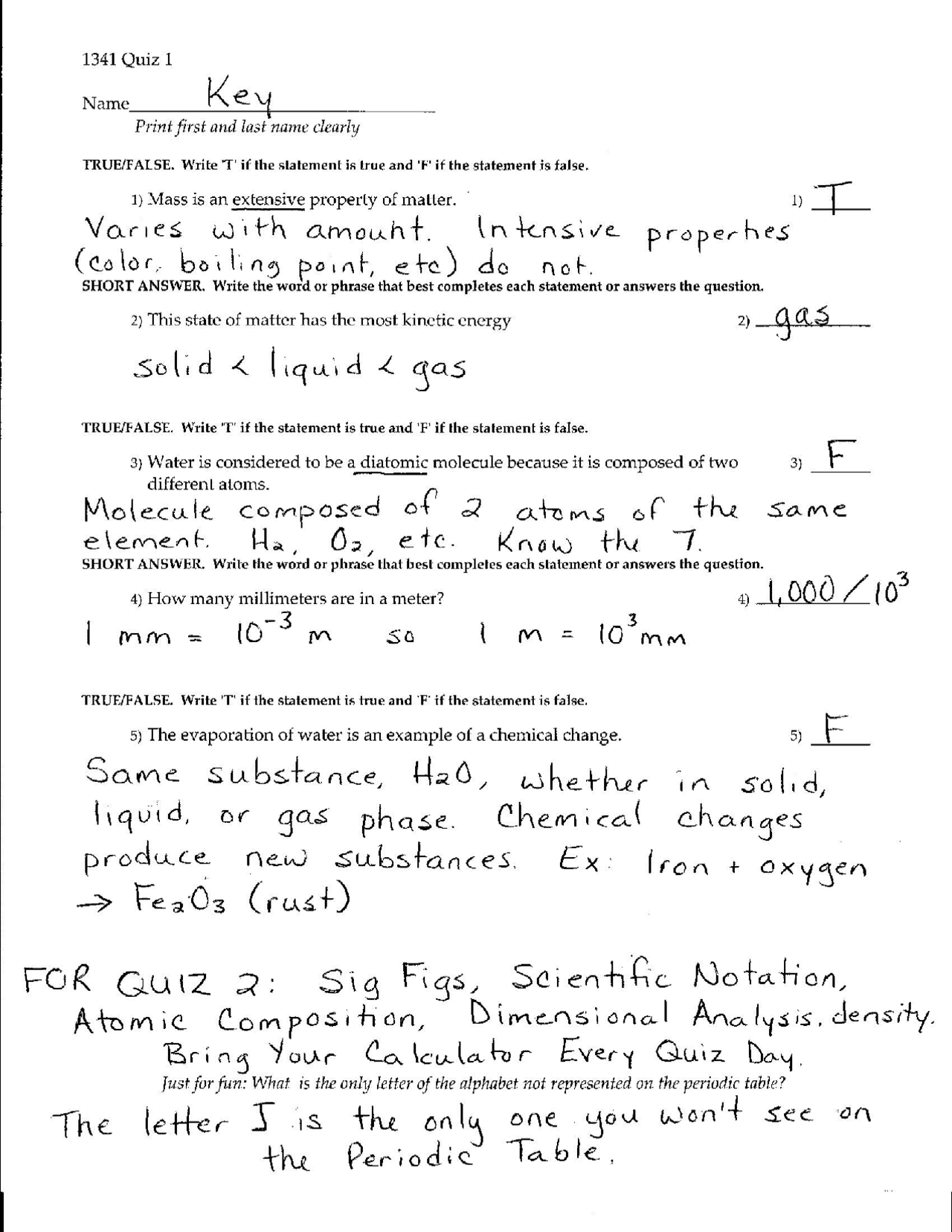 Quiz 1 Answer Key | General Chemistry I | CHEM 1341 - Docsity