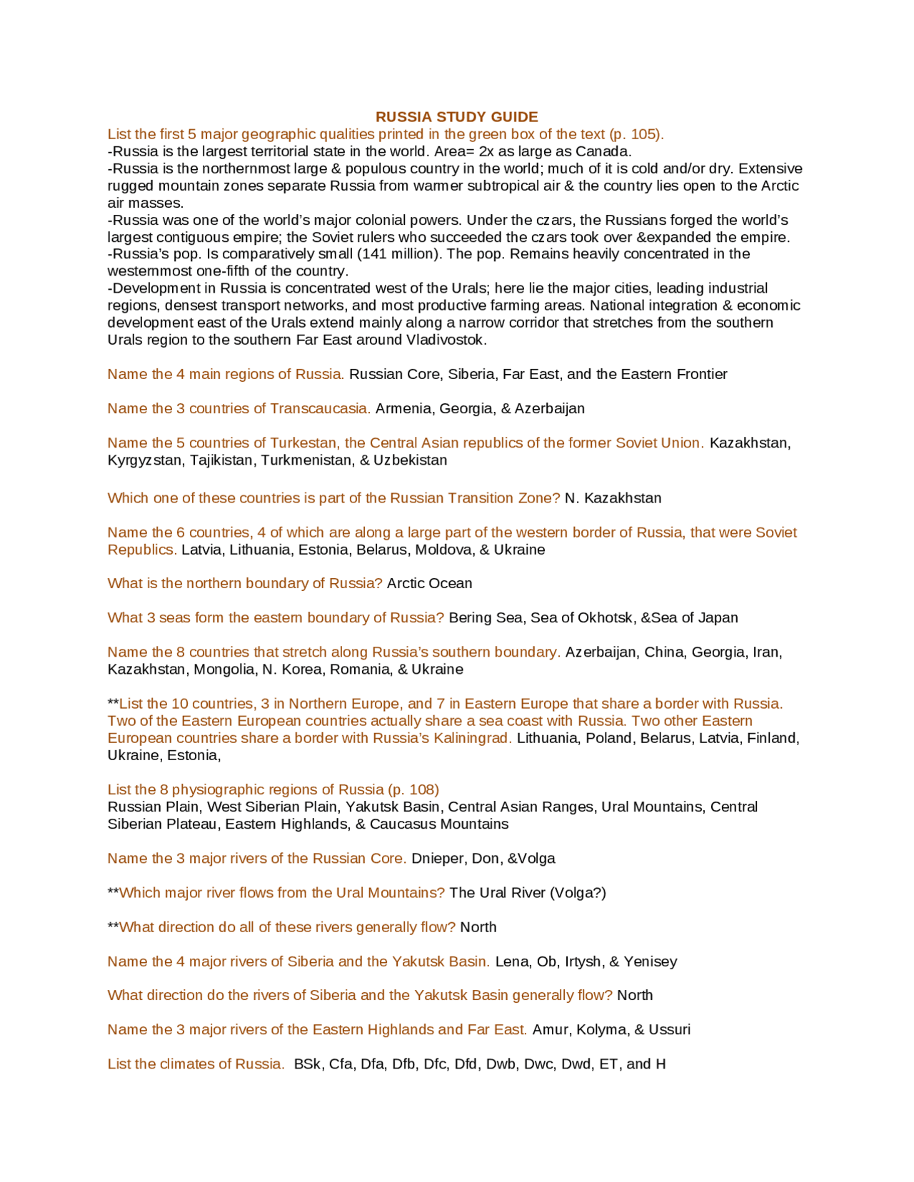 Russia Study Guide World Geography Geo 135 00 Docsity