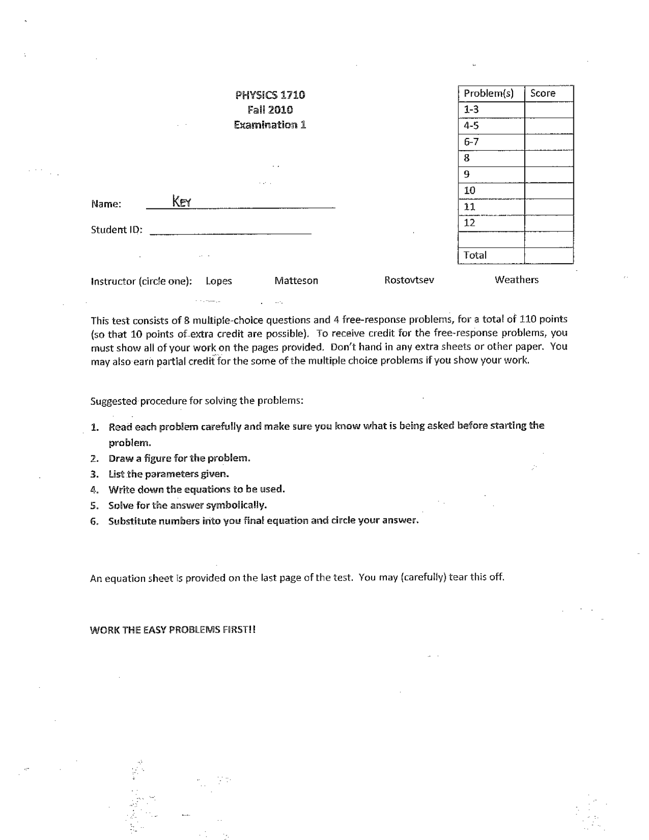 Mechanics - Exam 1 with Answer Key - Fall 2010 | PHYS 1710 - Docsity
