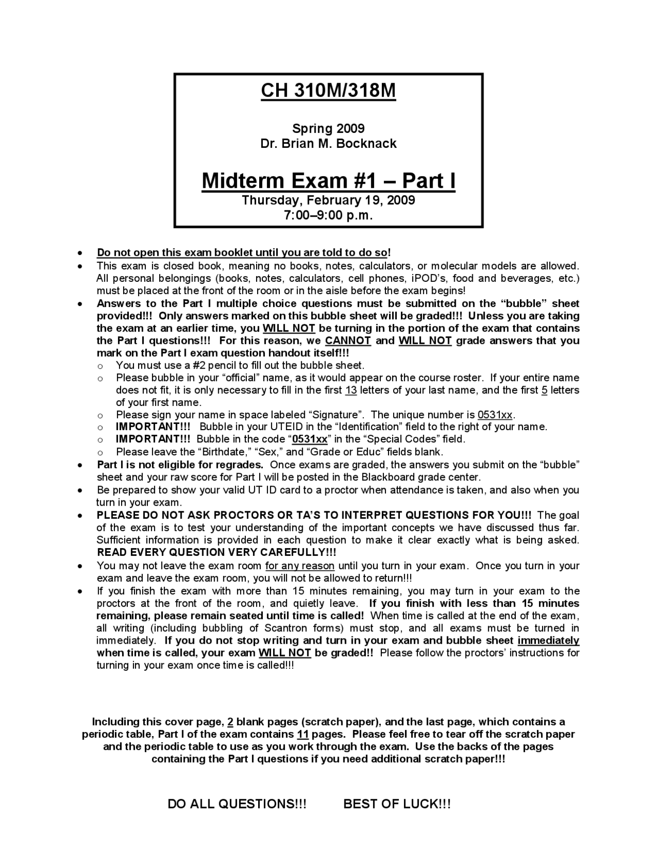 Midterm Exam 1 on Organic Chemistry I - Spring 2009 | CH 318M - Docsity