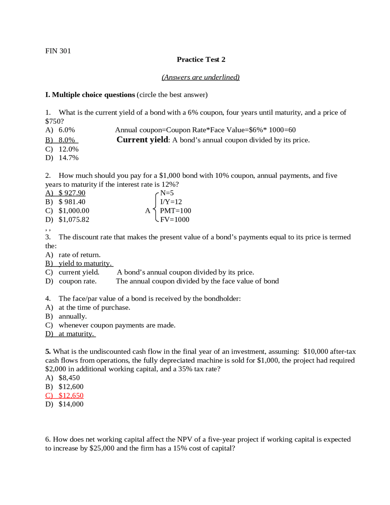 27 Questions on Principles of Finance with Solution - Exam 2 | FIN 301 ...