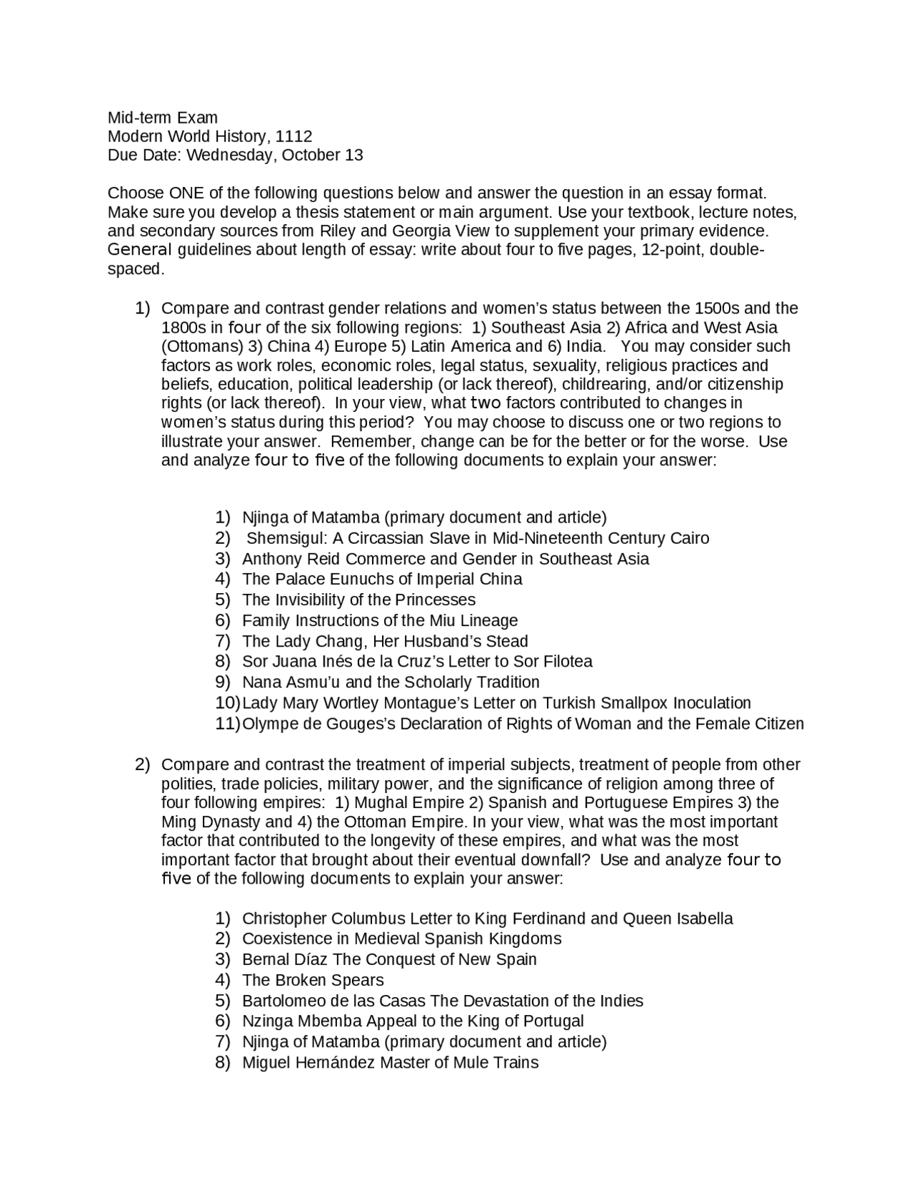 Midterm Exam Study Guide for Modern World History | HIST 1112 - Docsity
