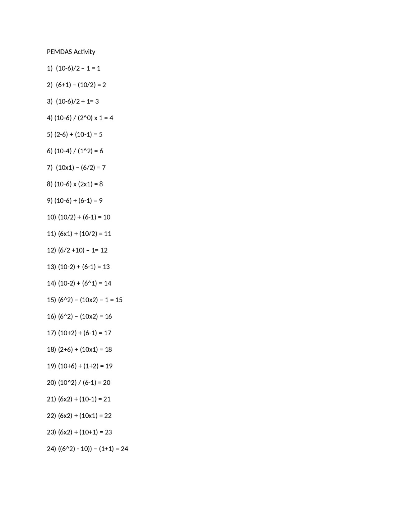 Lecture Notes on PEMDAS Activity | MATH 01115 - Docsity