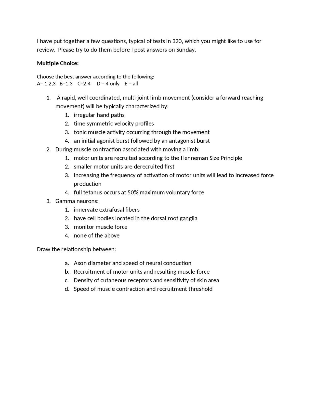 Motor Control Questions for Practice Exam 1 MOVESCI 320 Docsity