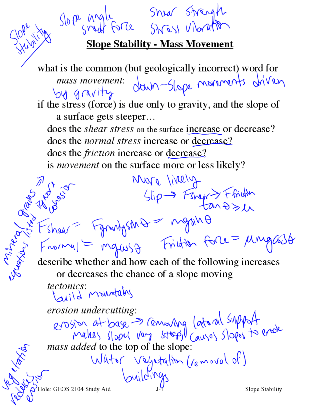 Slope Science Question Solved Questions on Slope Stability | GEOS 2104 - Docsity