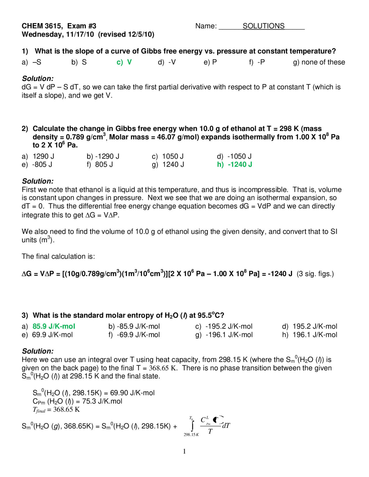 Exam 3 Resolution Physical Chemistry Fall 10 Chem 3615 Docsity