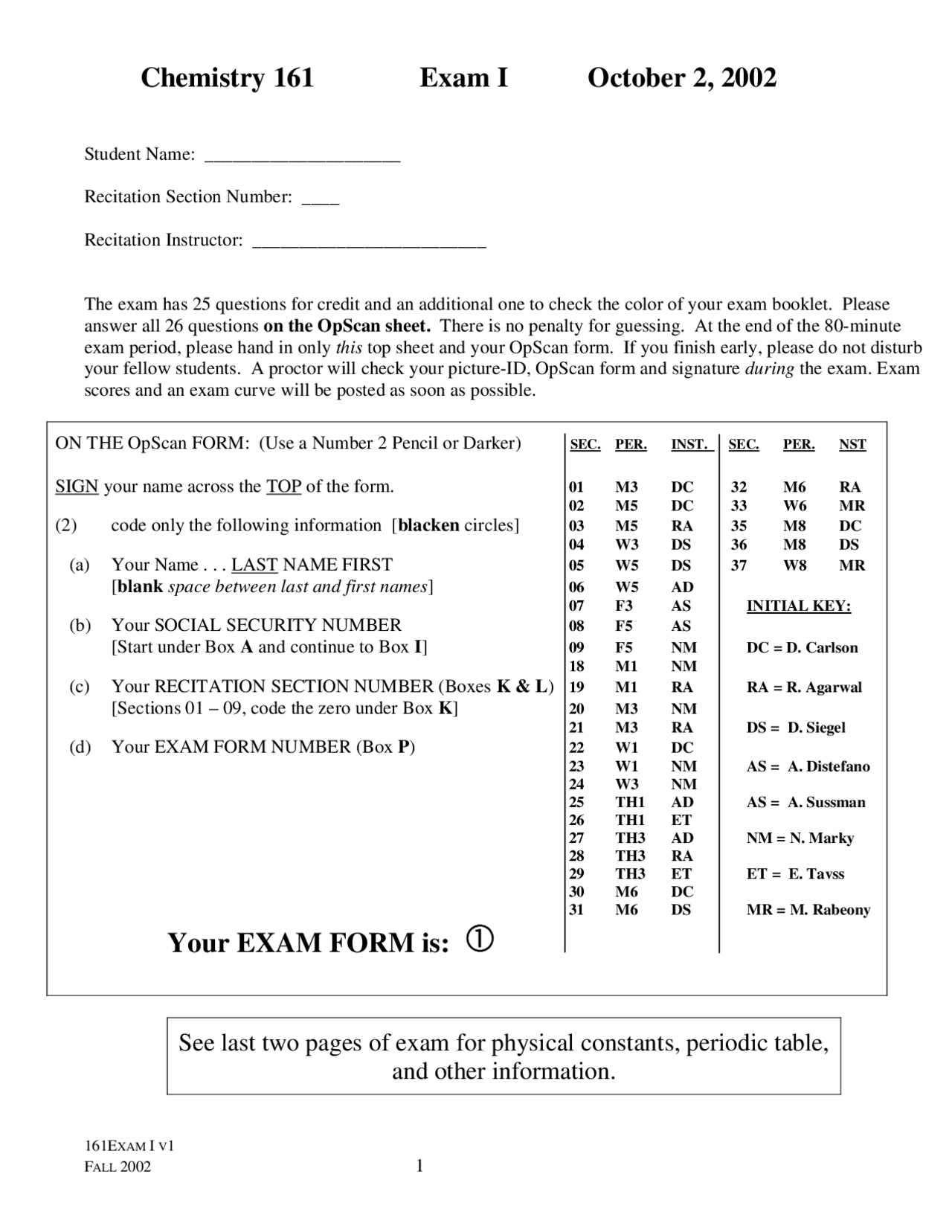 Exam 1 Practice - General Chemistry - 2002 | 160 161 - Docsity