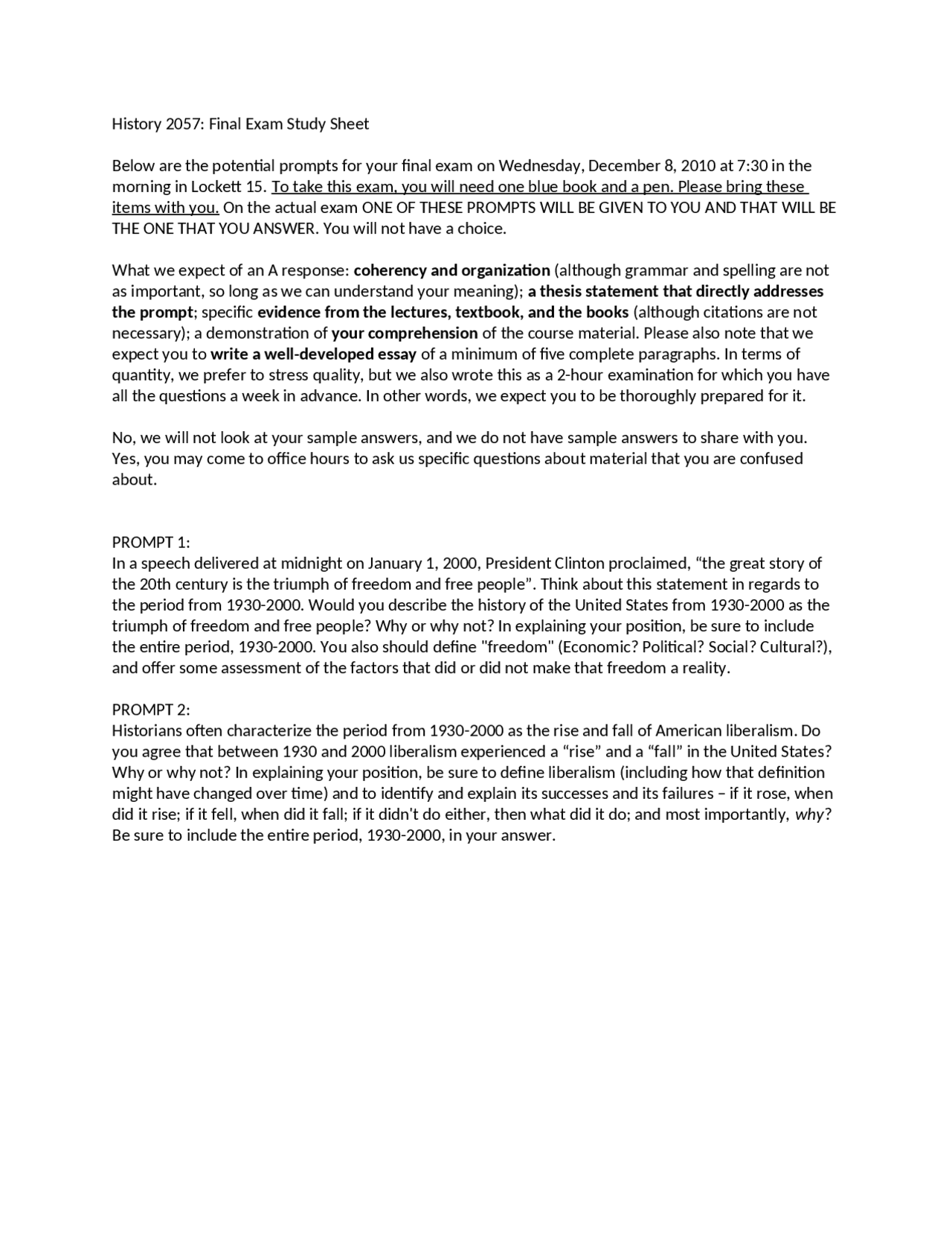 History Final Exam Sheet The Us 1865 To Present Hist 2057 Docsity