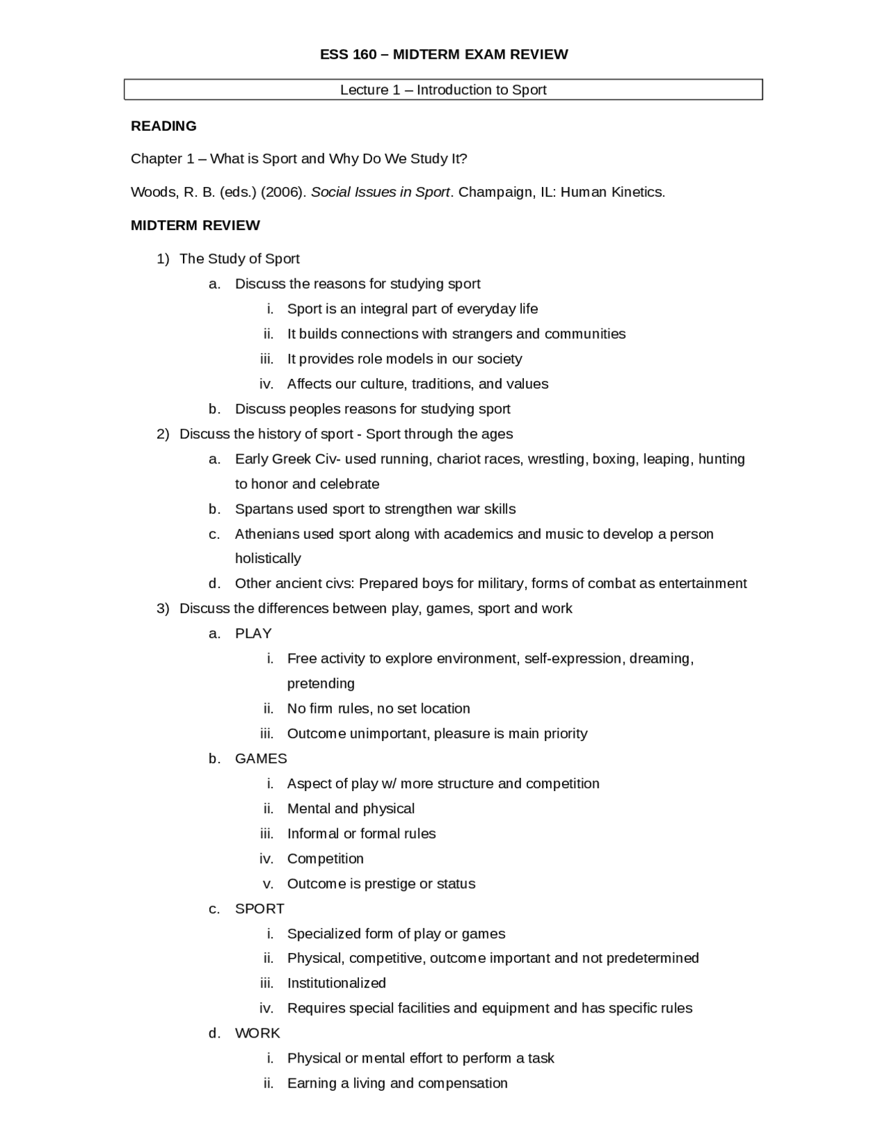 Study and History of Sport and Worth - Midterm Exam | ESS 160 - Docsity