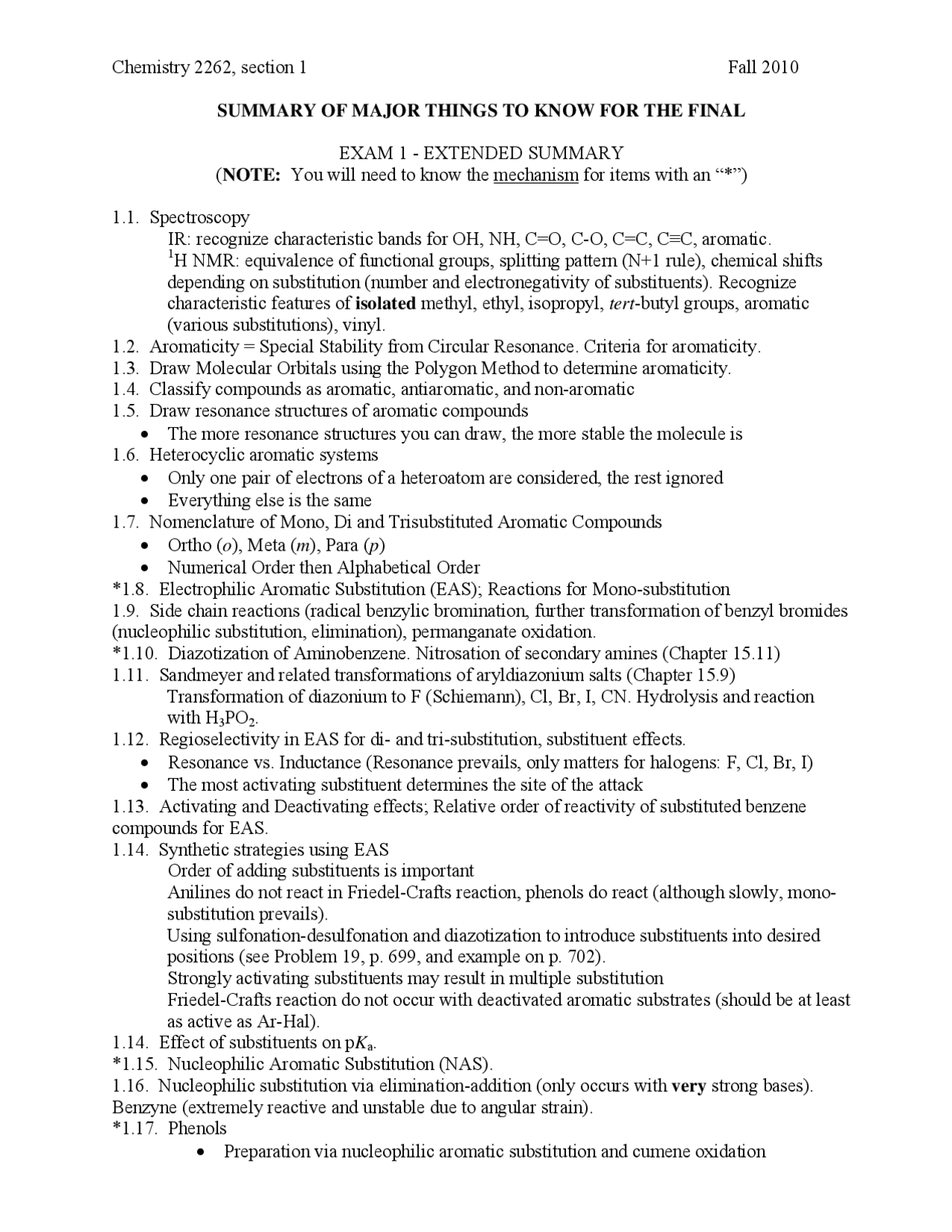 Study Guide for Exam 1 - Organic Chemistry | CHEM 2262 - Docsity