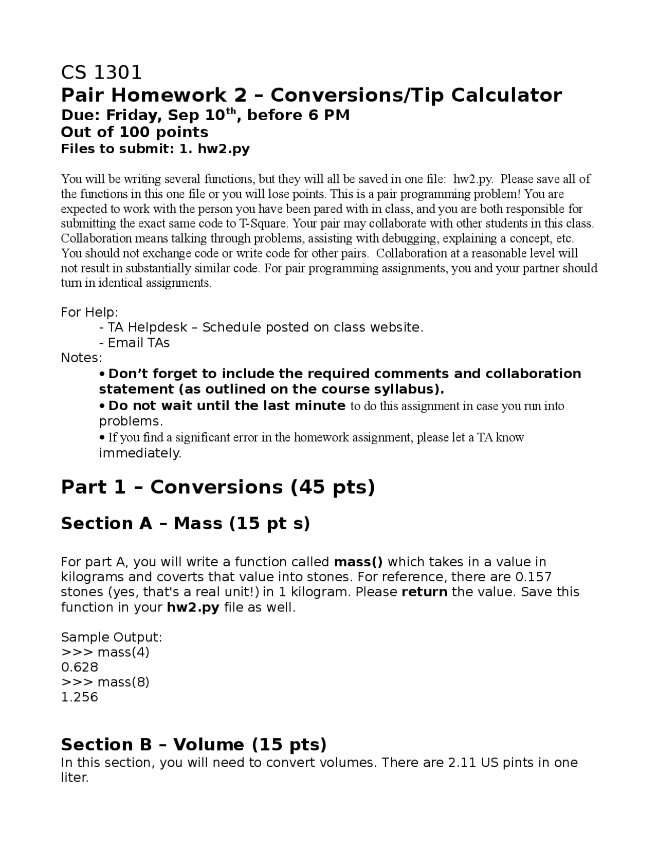 Introduction to Computing - Homework 2 | CS 1301 | Study notes Computer ...
