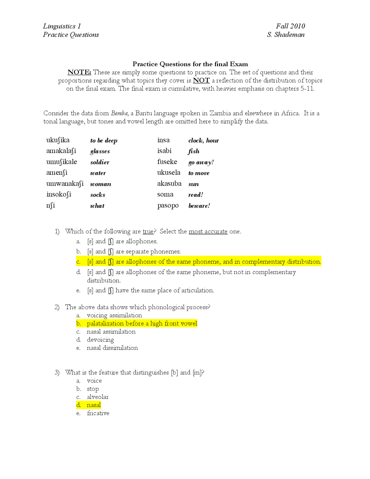 Quiz Practice Question for Exam - Introduction to Study of Language ...