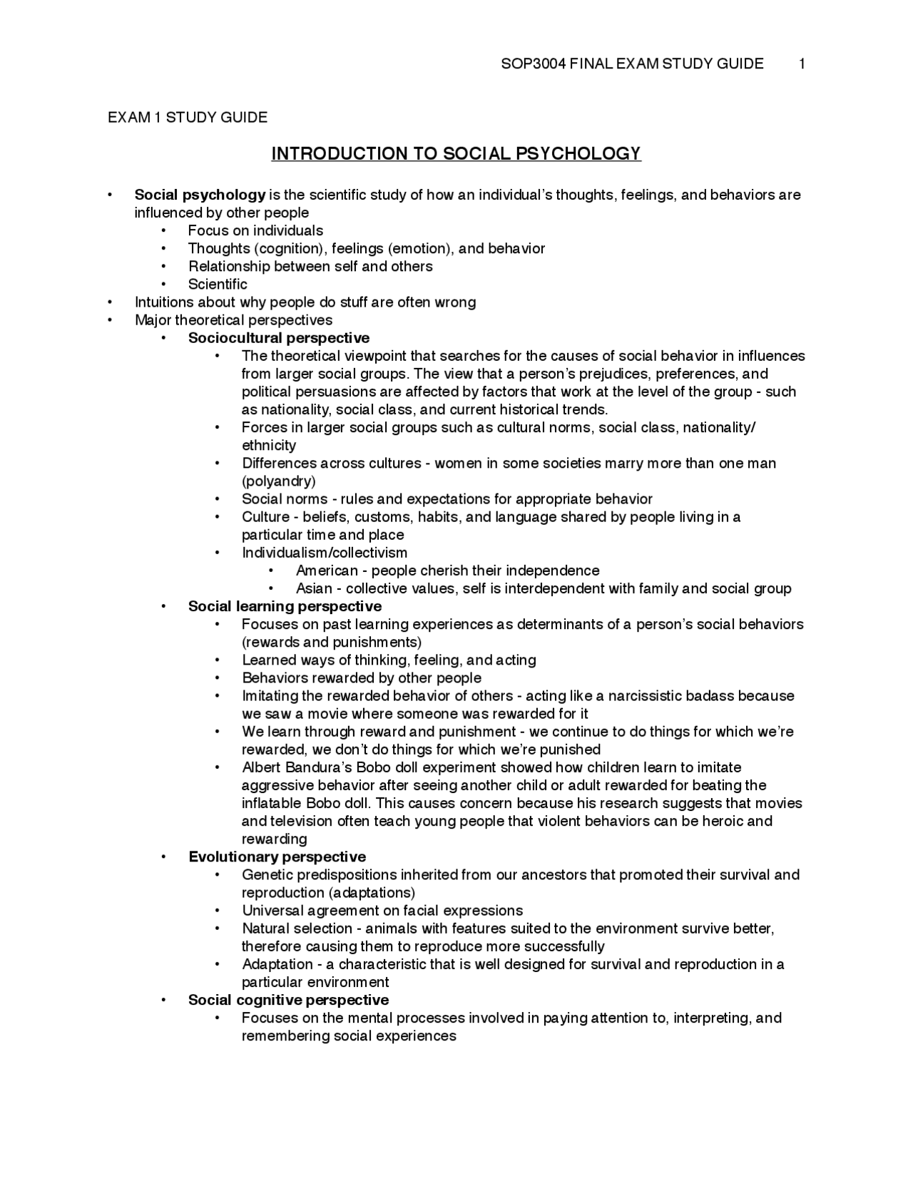 Exam 1 Study Guide for Introduction to Social Psychology | SOP 3004 ...