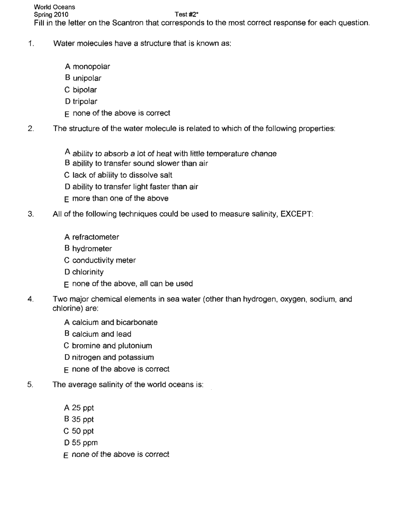 50 MCQs for World Oceans - Old Test 2 with Answers | GEO 1402 - Docsity