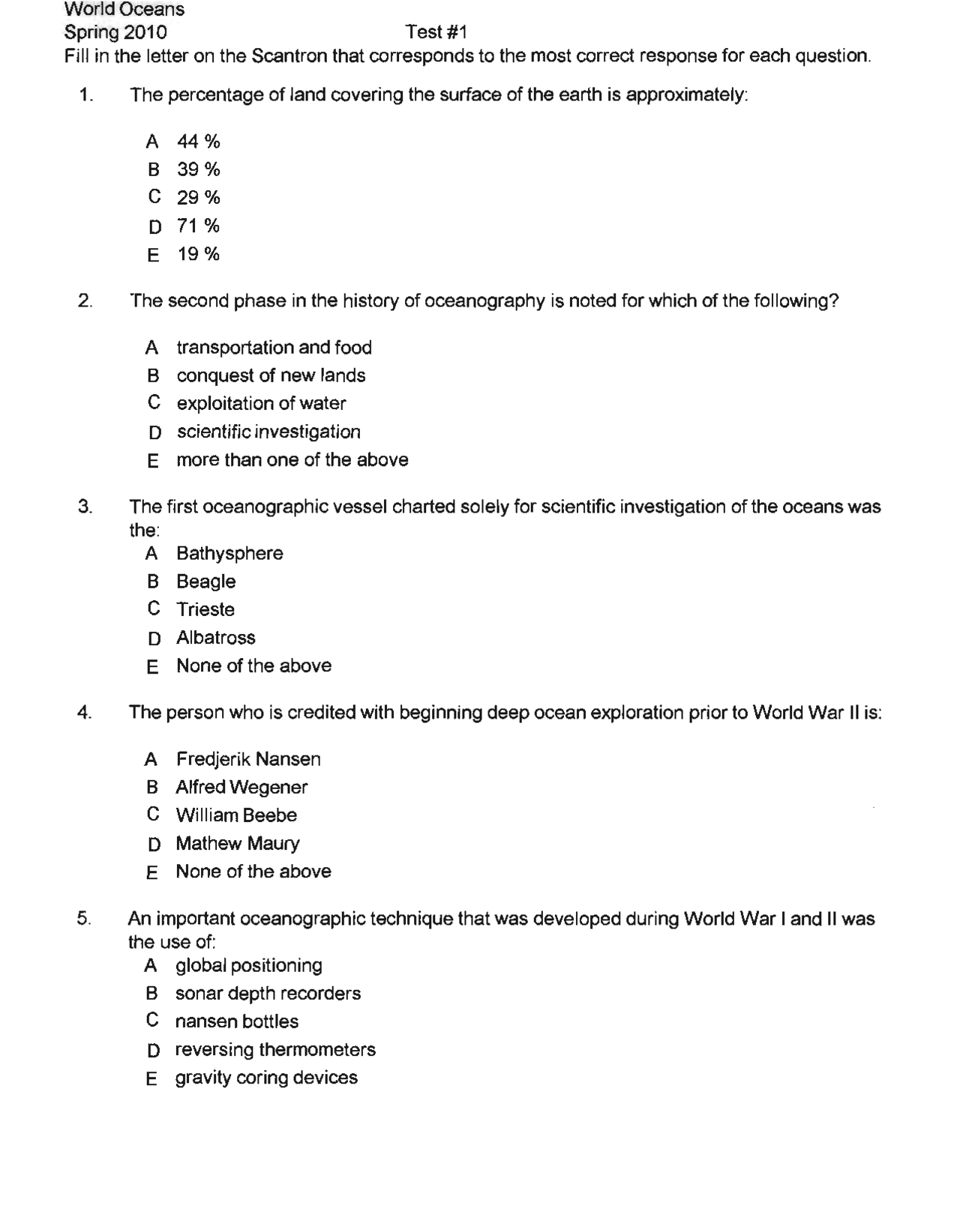 Ocean Test Answer Example Past Test 1 with Answer Key - World Oceans | GEO 1402 - Docsity