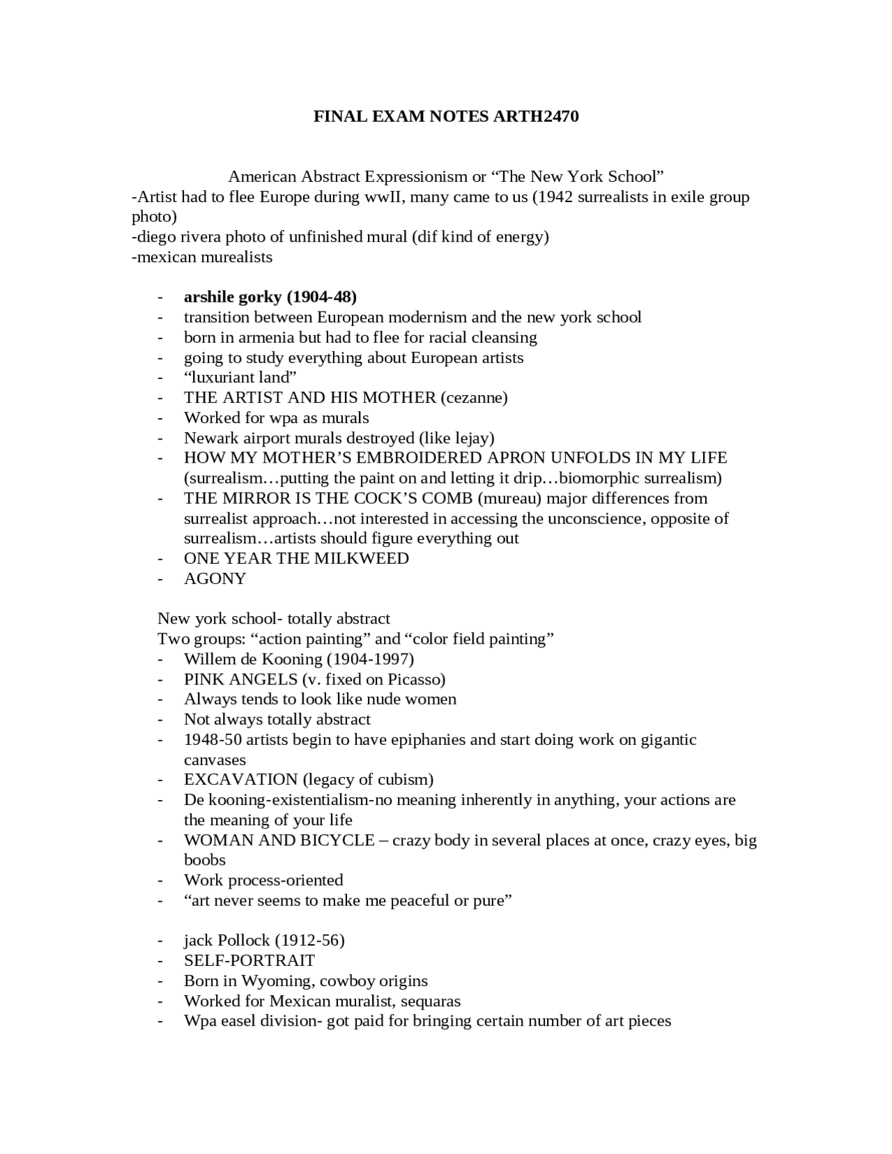 Review Sheet for Final Exam - Survey of Modern to Contemporary Art ...