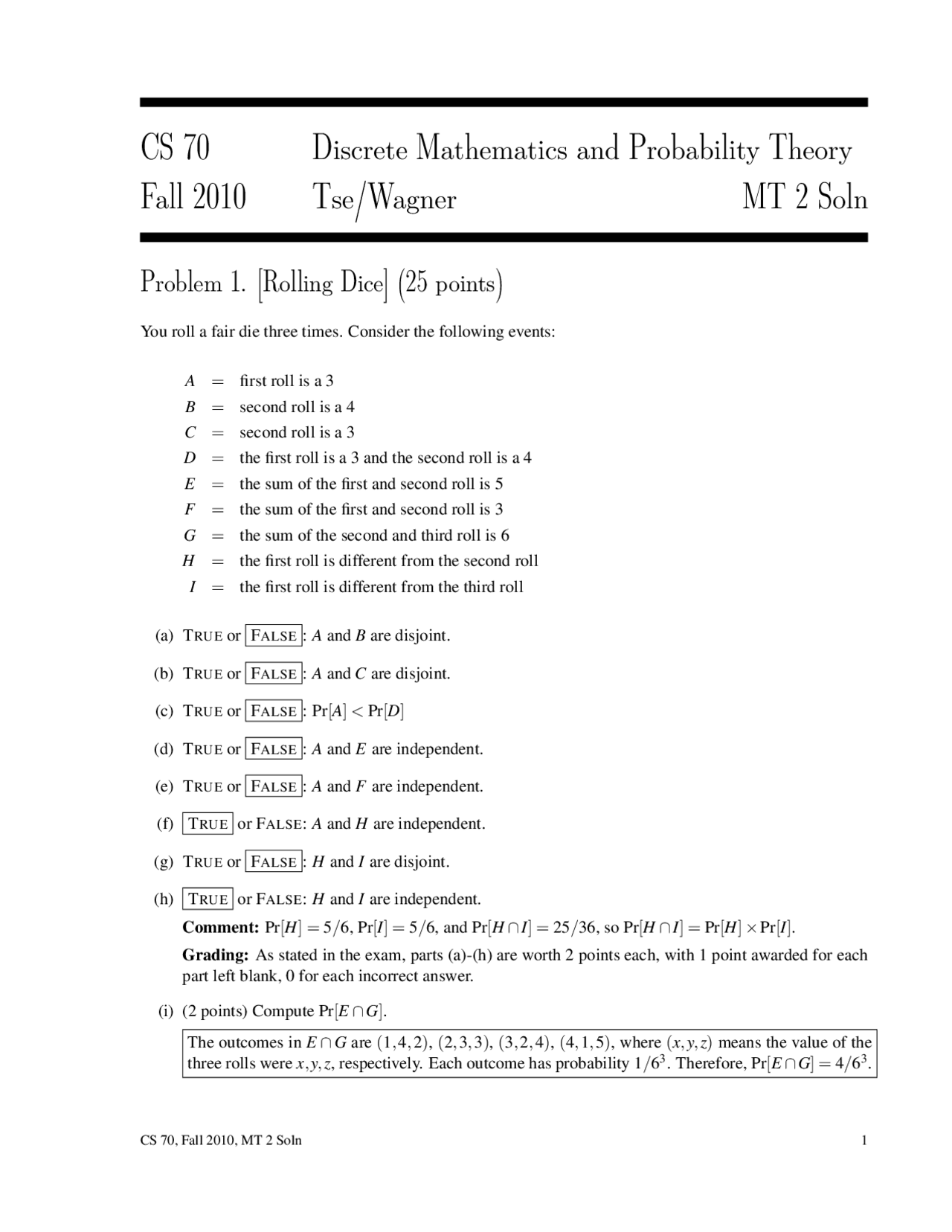 Solved Midterm Exam for Discrete Mathematics and Probability Theory ...