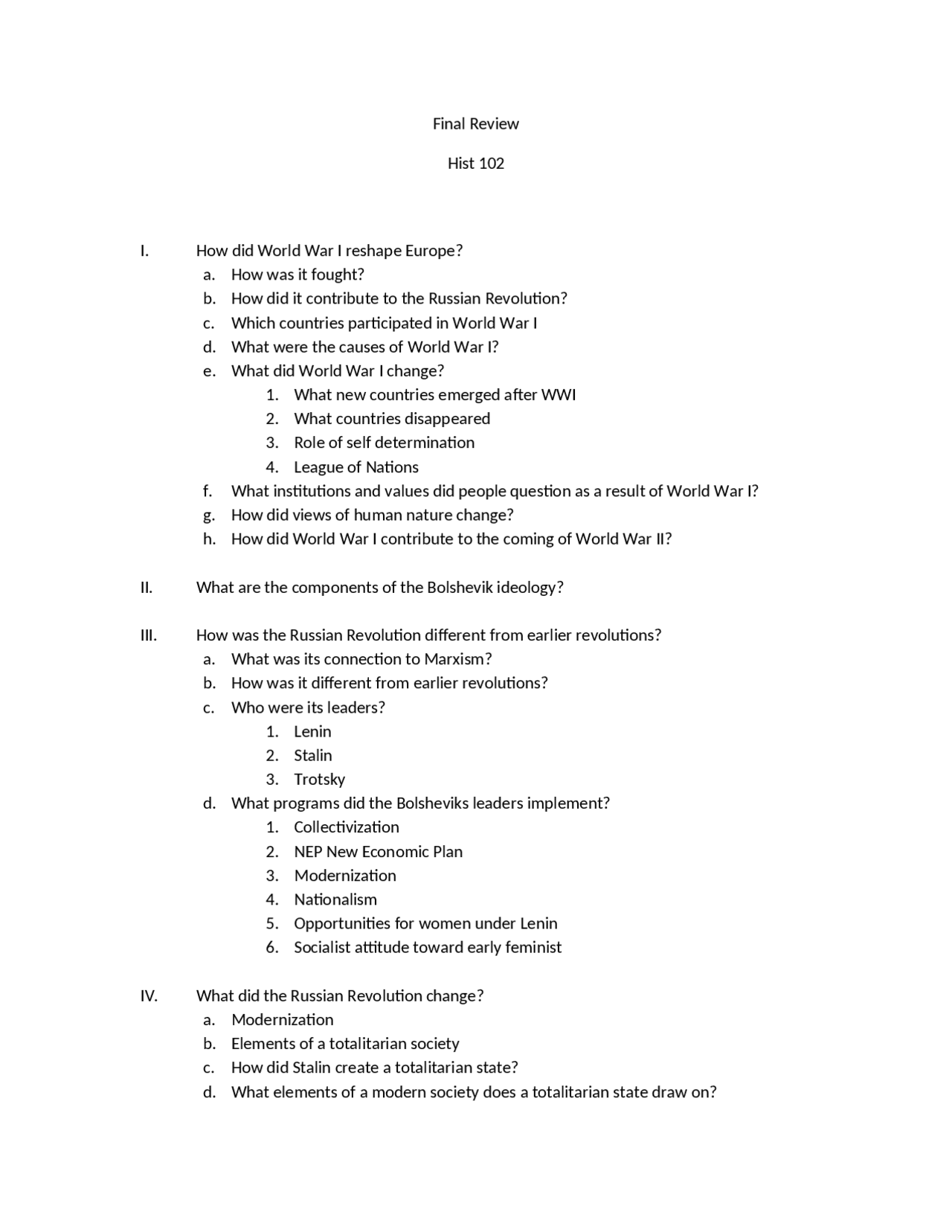 Final Exam Review Questions - History Civilizations II | HIST 102 - Docsity