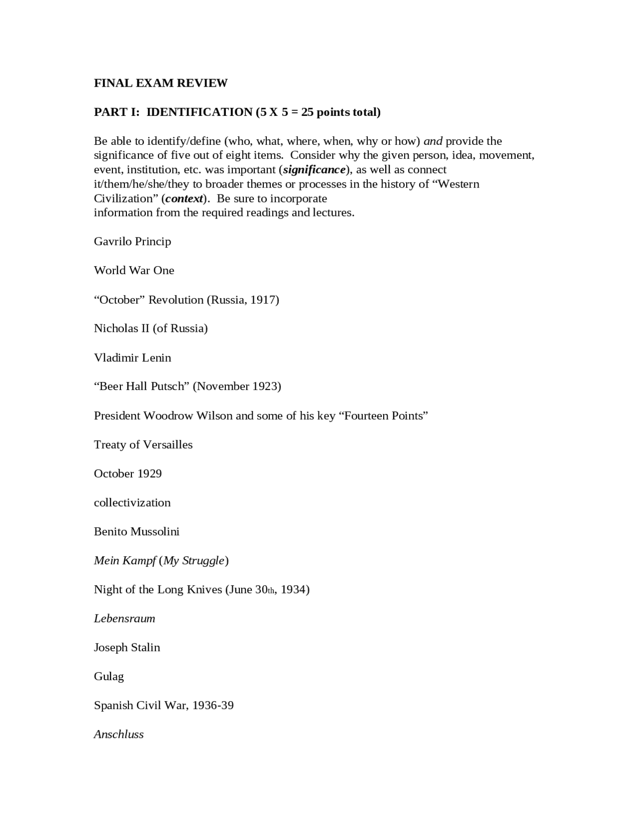 Final Exam Review - Modern Western Civilization | HIS 102.00 | Study ...