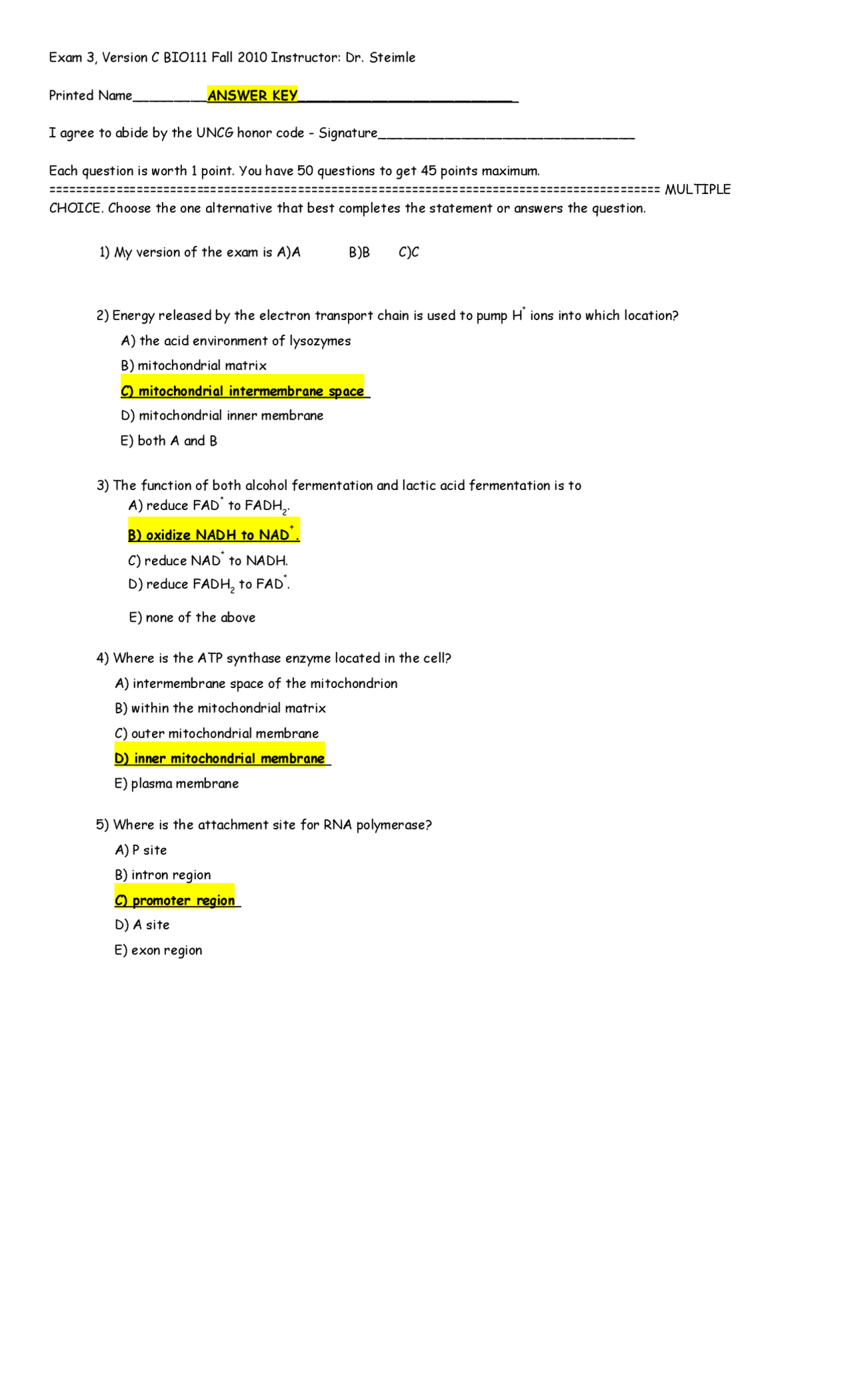Exam 3 with Answer Key | Principles of Biology I | BIO 111 - Docsity