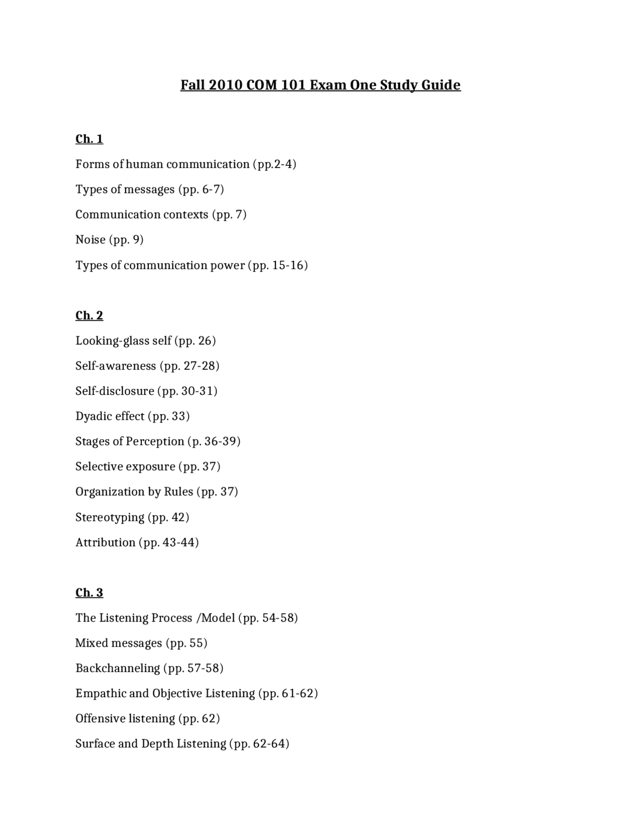 Exam 1 Study Guide - Introduction to Communication | COM 101 - Docsity