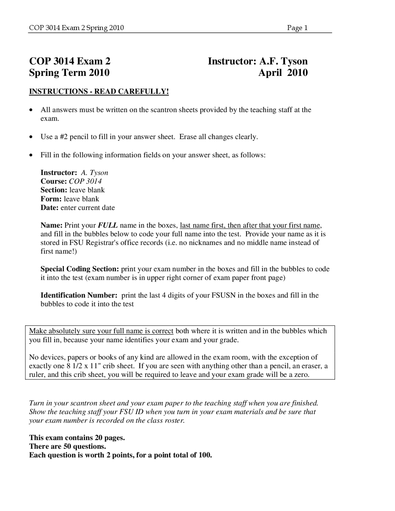 Programming I - Exam 2 with Solutions - Fall 2010 | COP 3014 - Docsity
