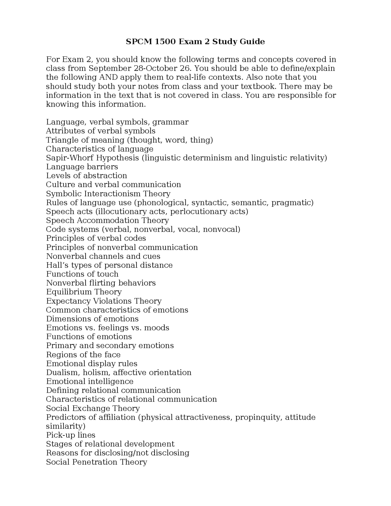 Exam 2 Study Guide - Interpersonal Communication | SPCM 1500 - Docsity