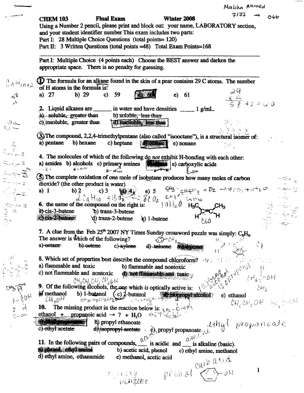 General Chemistry III Honors Final Exam with Answer Key CHEM 103