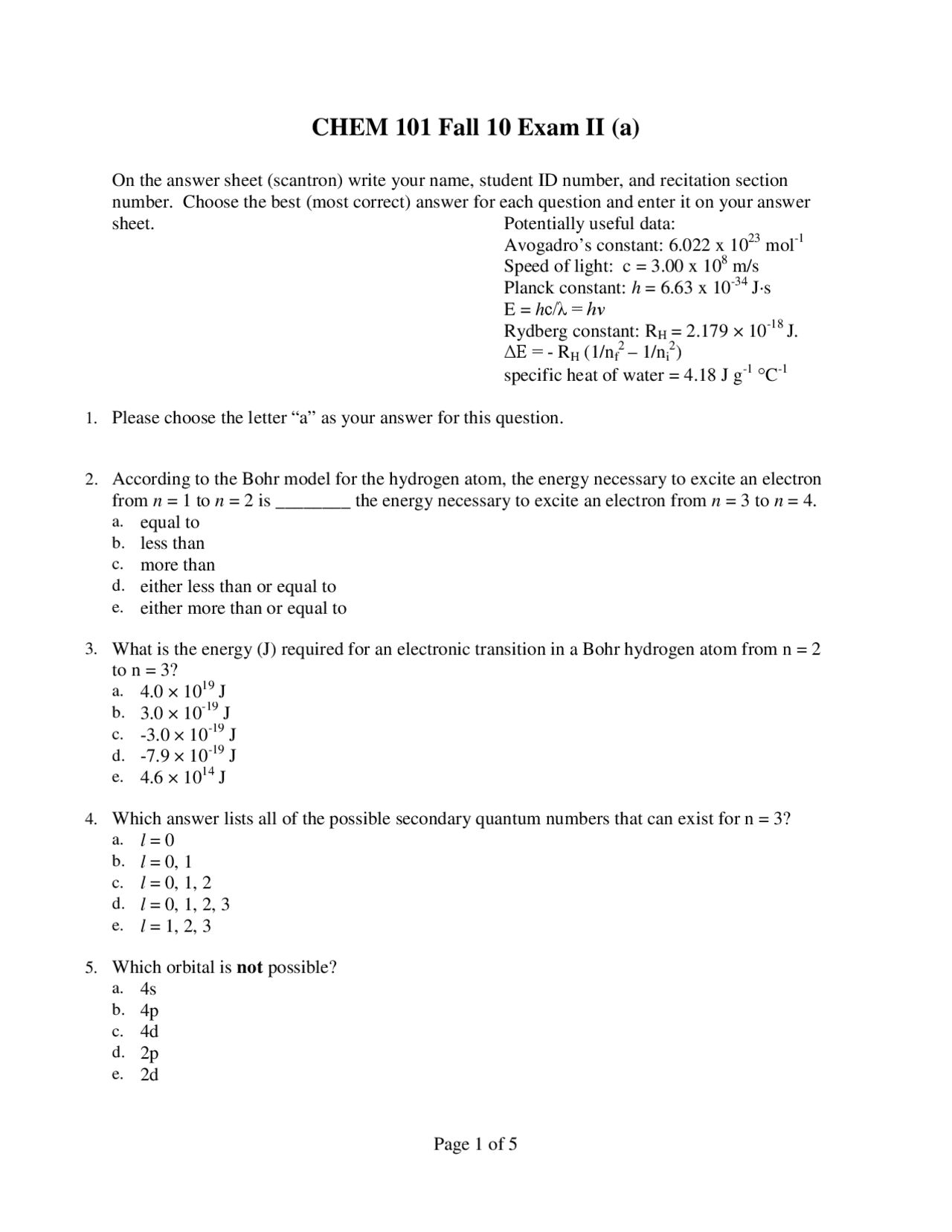 General Chemistry I - Exam 2 with Solution Key - Fall 2010 | CHEM 101 ...