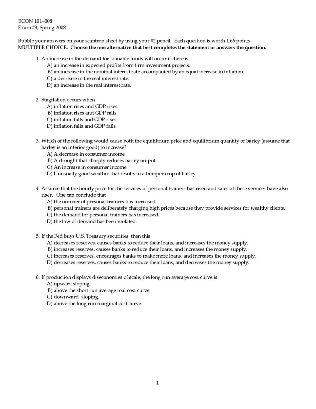 Exam 3 Questions - Introduction to Economics - Spring 2008 | ECON 101 ...