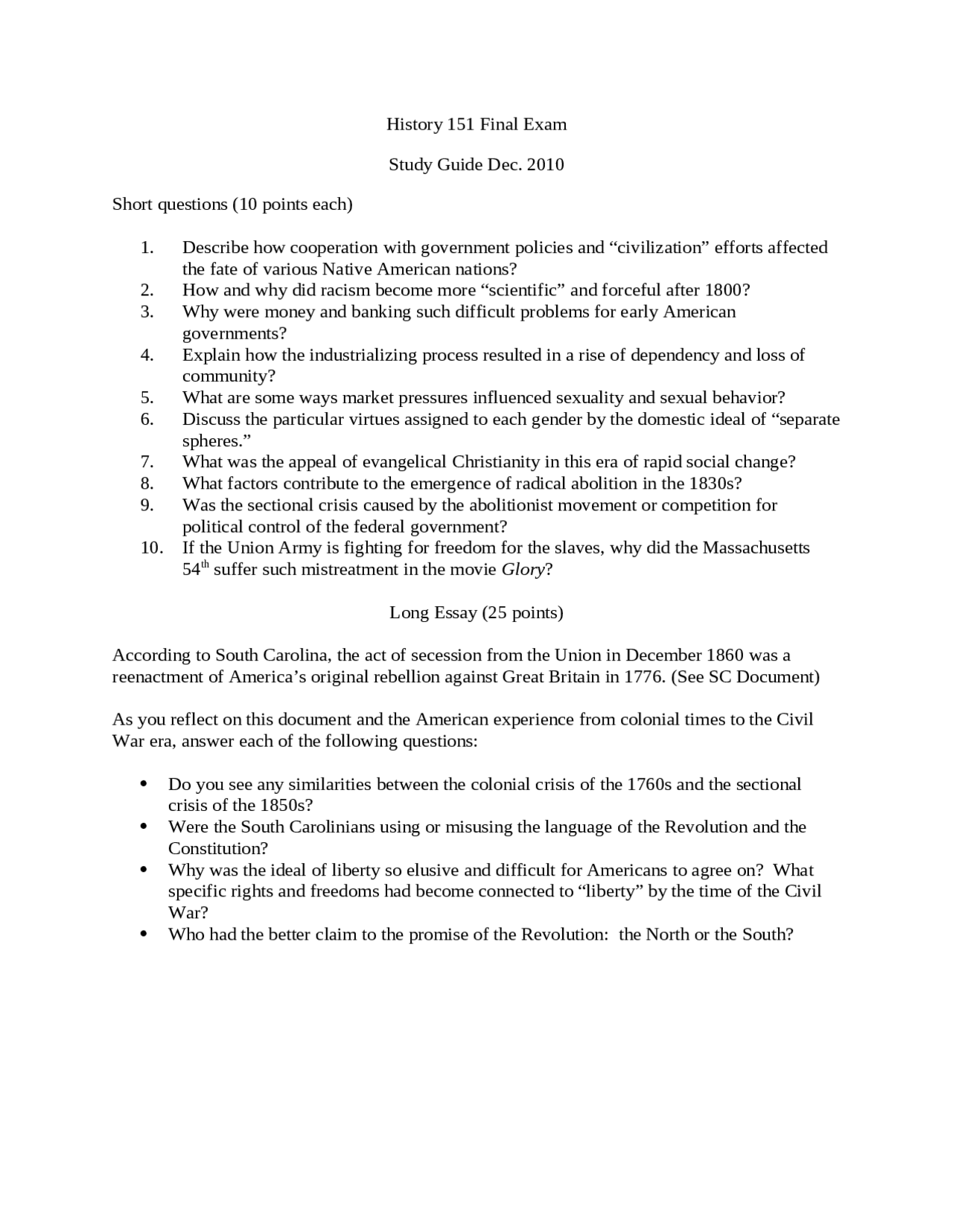 Final Exam Study Guide American History To 1877 HIST 15100 Docsity