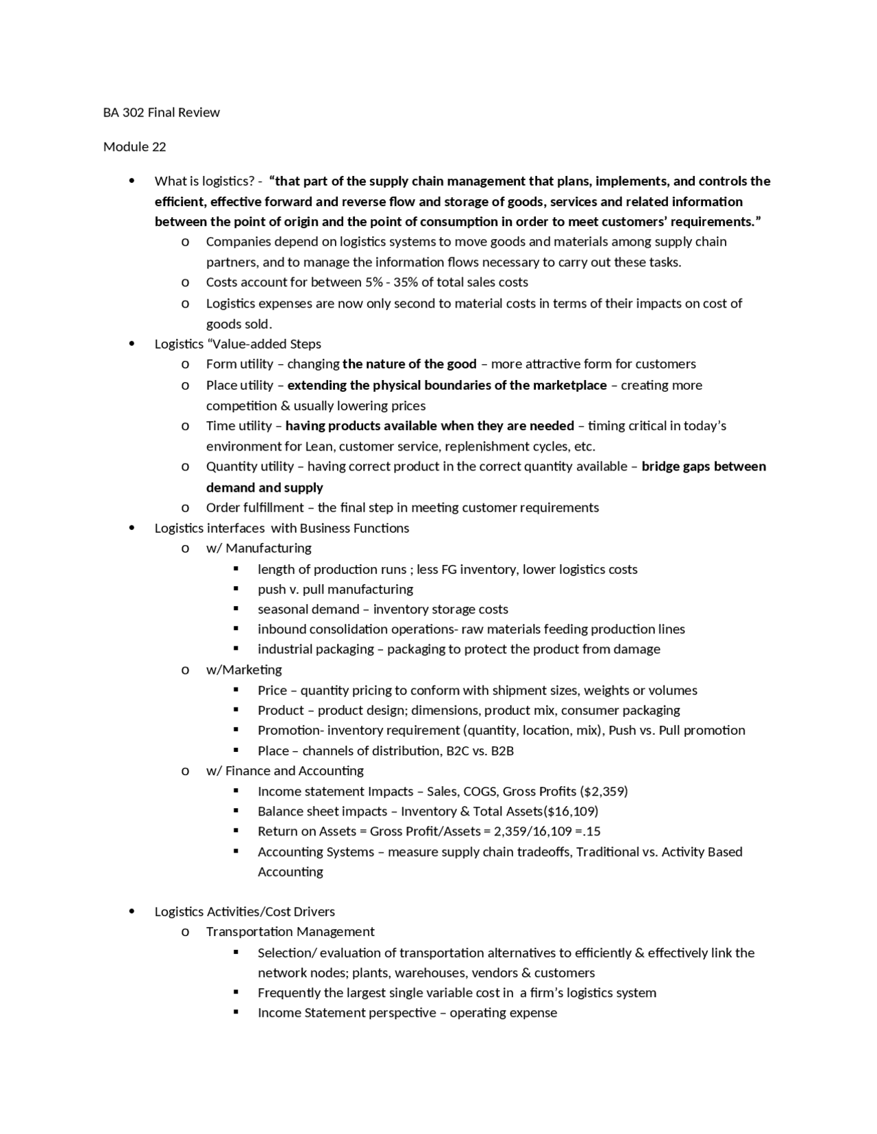 What is Logistics - Lecture Notes | B A 302 | Study notes Introduction ...