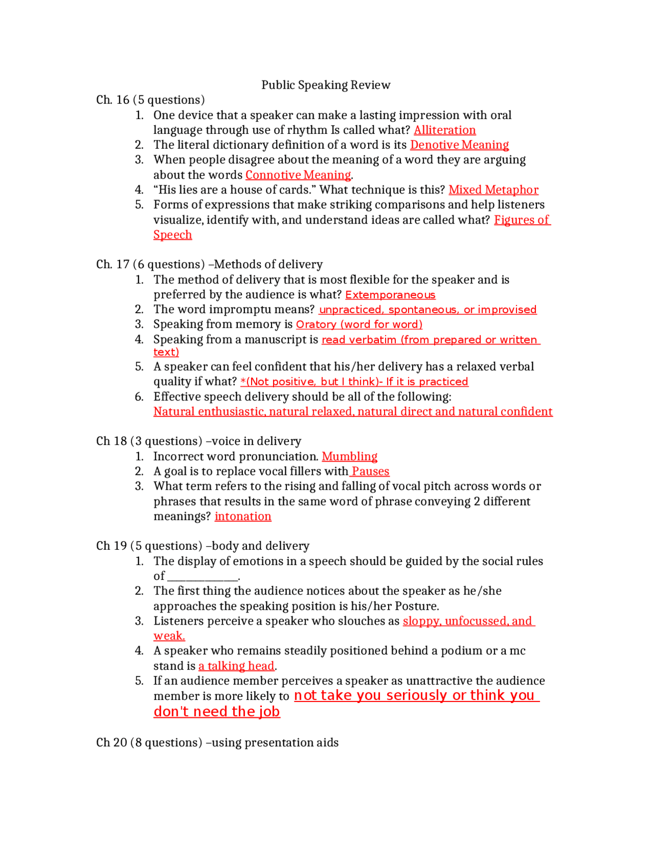 Final Exam Review - Public Speaking | COMS 2300 - Docsity