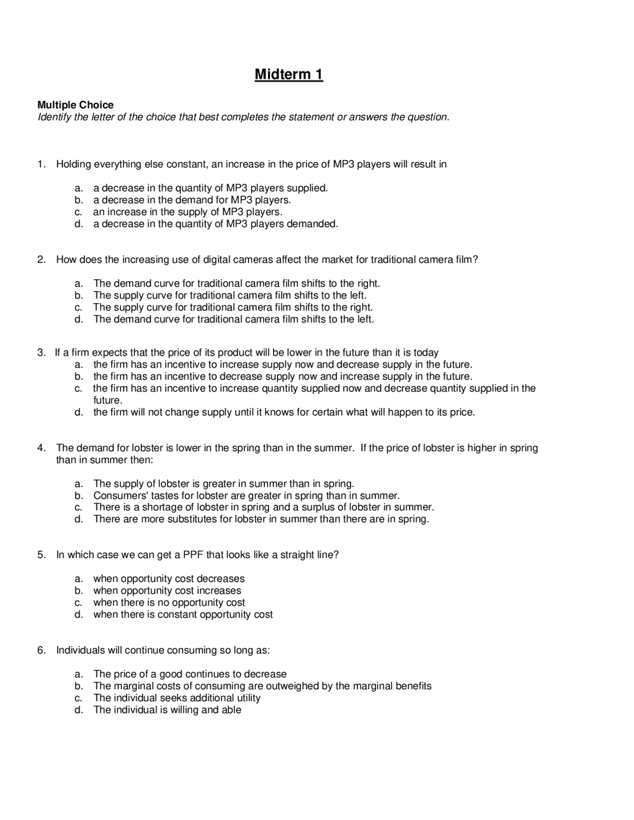 Midterm Exam 1 - Principles Microeconomics | ECON 2000 - Docsity