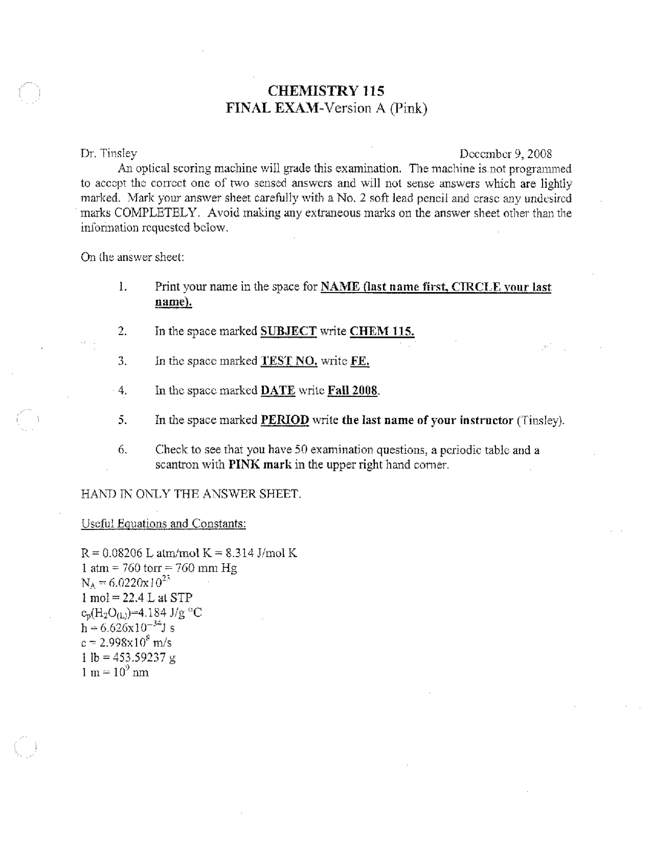MCQs for Final Exam - Fundamentals of Chemistry | CHEM 115 | Exams Chemistry - Docsity