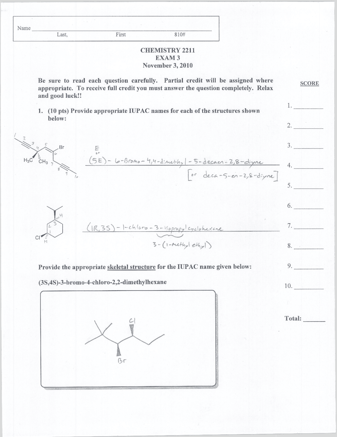 Modern Organic Chemistry I - Exam 3 Questions | CHEM 2211 - Docsity