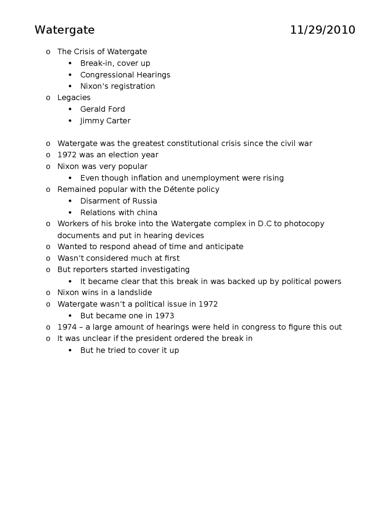 Notes on Watergate United State History HIST 206 Docsity