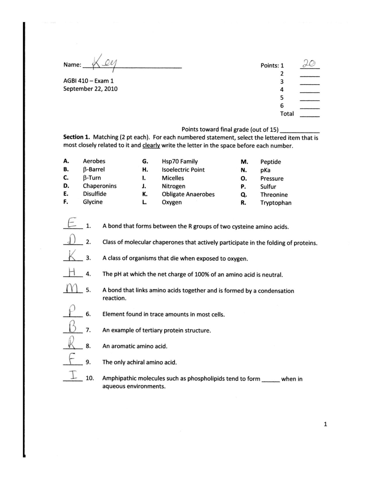 Exam 1 with Answer Key - Introduction to Biochemistry | AGBI 410 ...