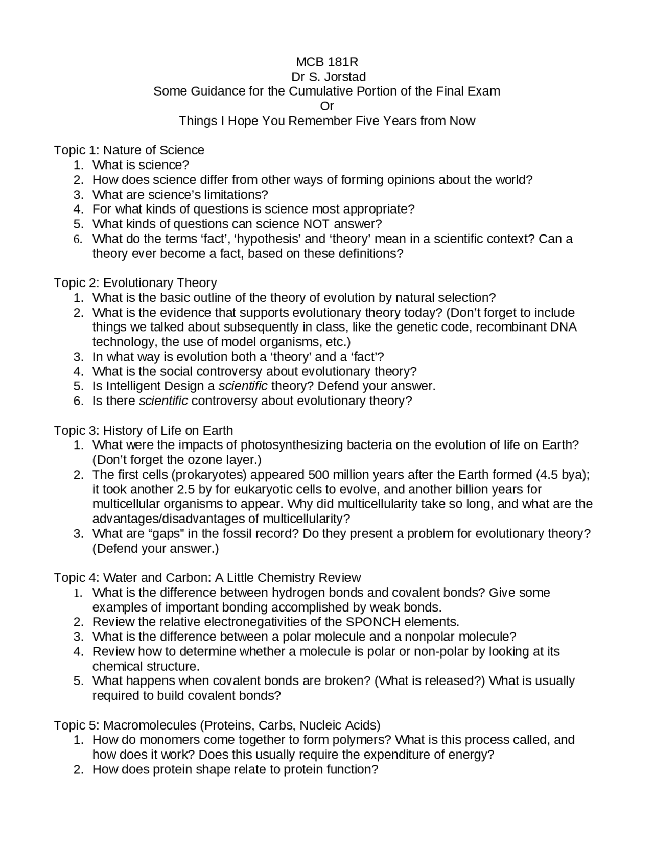 Final Exam Study Guide - Introductory Biology I | MCB 181R | Exams ...