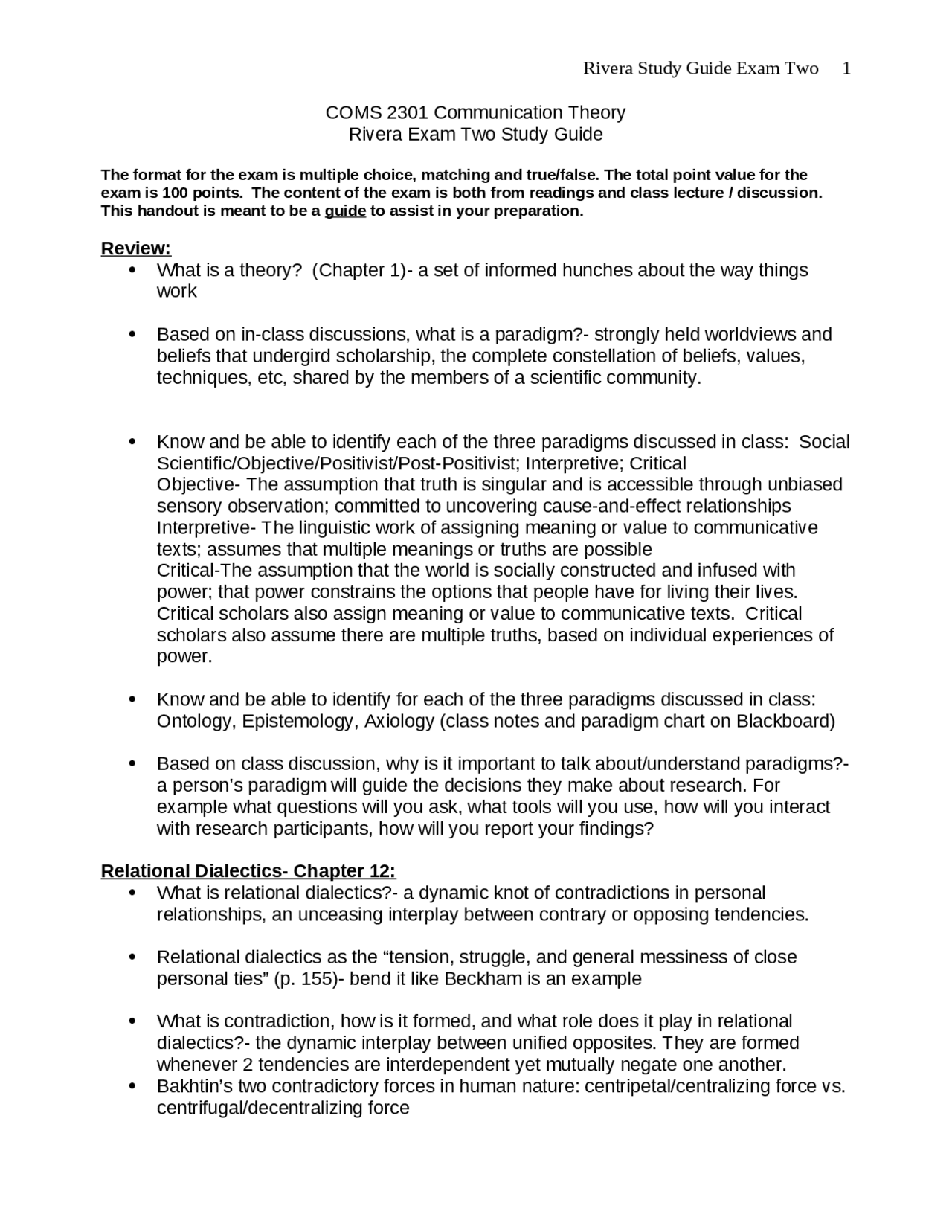 Final Exam Review Sheet - Communication Theory | COMS 2301 - Docsity