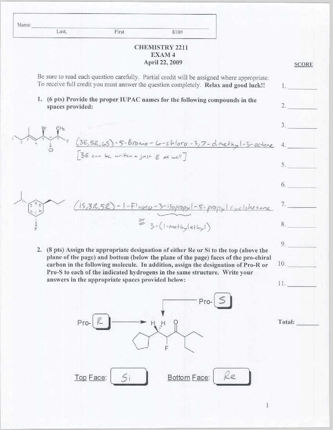 Exam 4 with Answer Key for Modern Organic Chemistry I | CHEM 2211 - Docsity