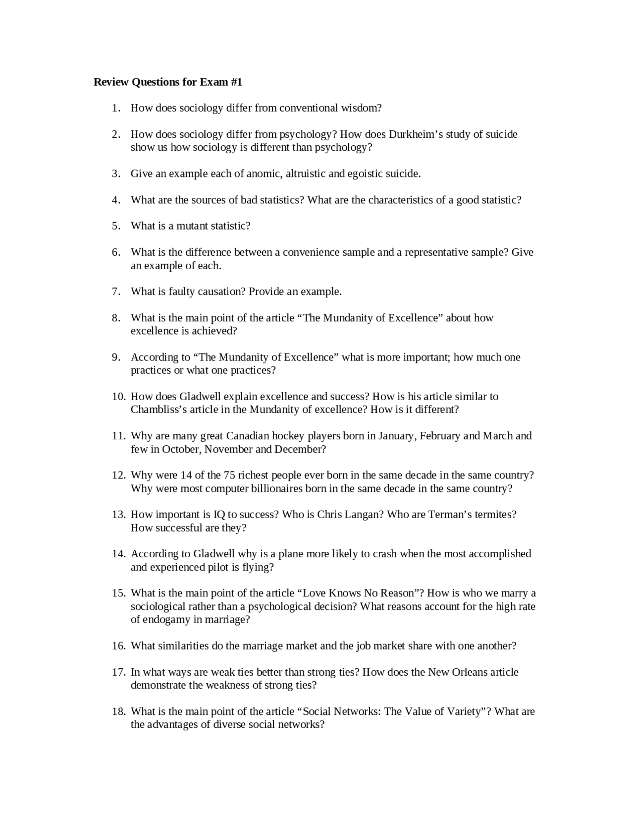 Review Questions for Exam 1 - Introduction to Sociology | SOCIOL 1000 ...