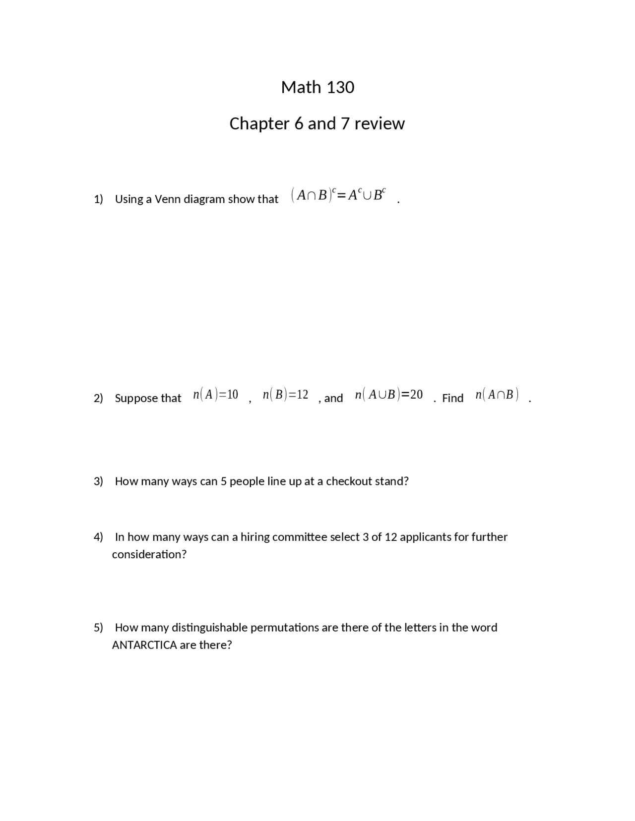 Math 130: Chapter 6 and 7 Review - Combinatorics and Probability ...