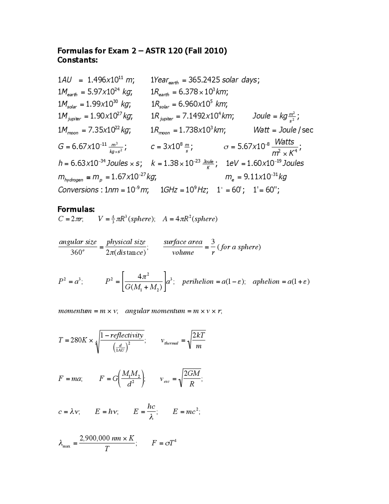 Solar System Formula Numbers Formulas for Exam 2 | Solar System | ASTR 120 - Docsity
